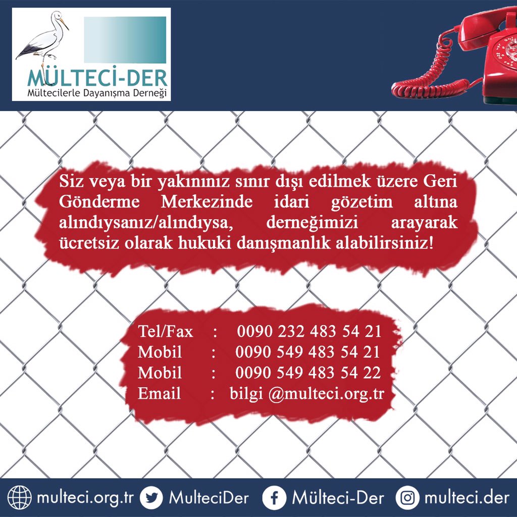 CSinIstanbul's tweet photo. For #migrants at risk of #deportation in #Turkey: you can receive free legal advice by calling this association (several languages spoken). https://t.co/obBU1NC4Fl