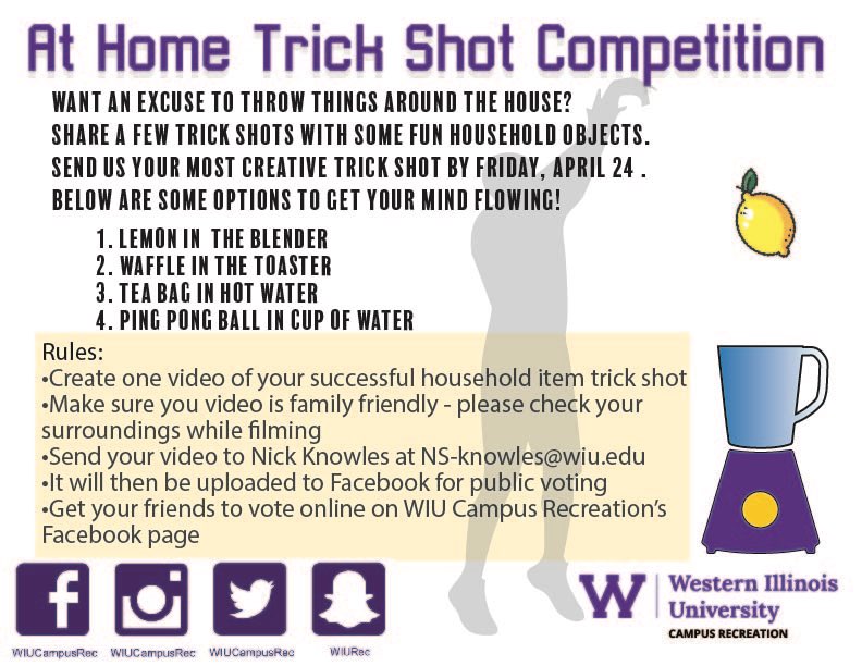 WIUCampusRec's tweet photo. Take part is the Rec Center’s latest competition by posting videos of your trick shots #WIUFit4Fun #Trickshotcompetition https://t.co/h96MHqVZvv