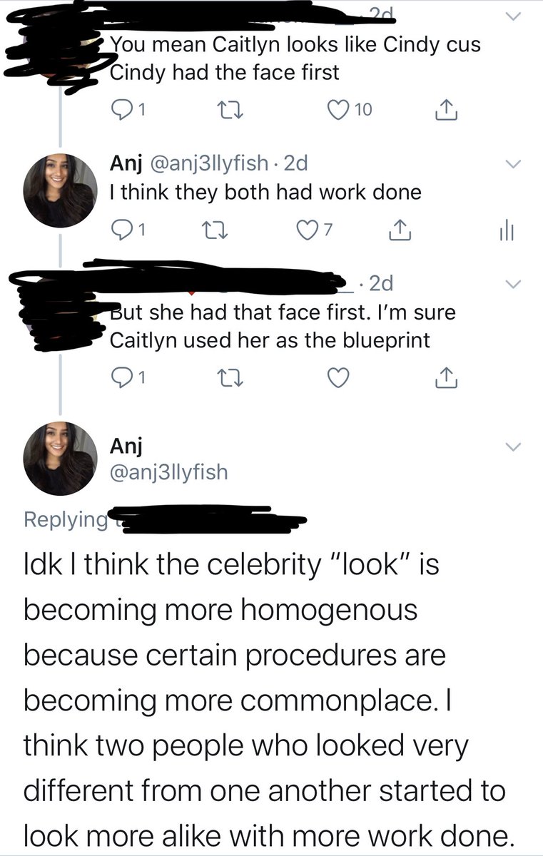 the convo moved to surgery. someone responded and said that Caitlyn used Cindy as the blueprint for her surgery. I said what I /thought/ was just defending Caitlyn, saying Cindy had also had work done. My intent was to say that Cindy didn’t have the same face she used to either.