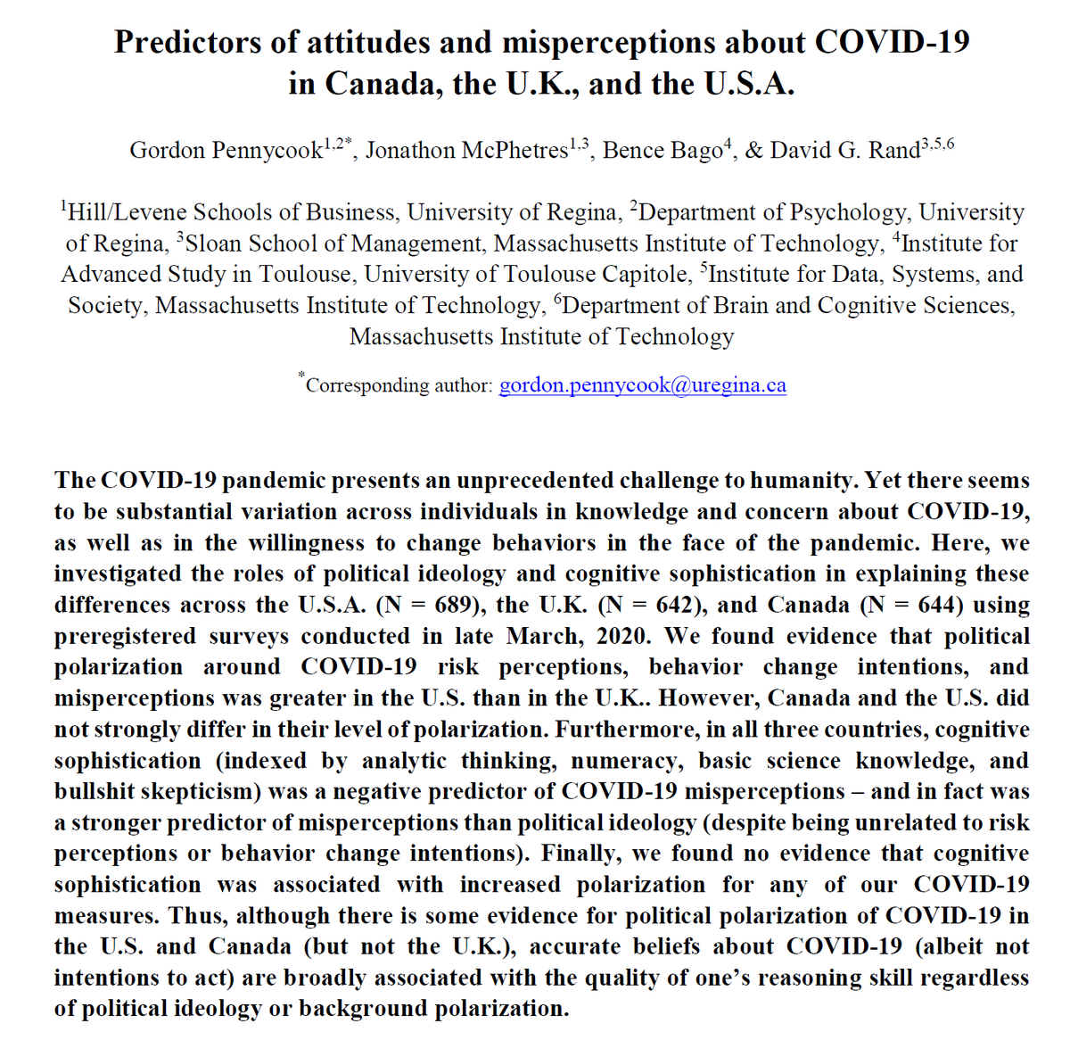 New WP on attitudes about COVID-19!  https://psyarxiv.com/zhjkp/  - Political polarization is stronger in the U.S. than U.K. - But misperceptions are more strongly predicted by IQ than ideology (even in the U.S.)- No evidence for politically motivated reasoning (even in the U.S.)