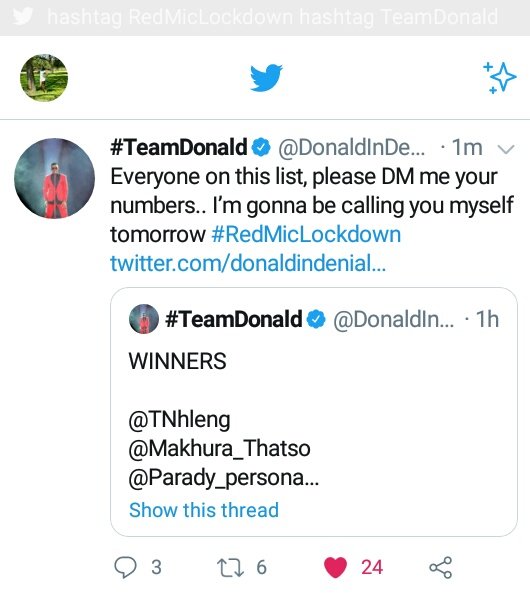 Today has been the most amazing day of my life. All 👇👇👇 happened just today. First it was good news😊😊 Then a great performance 🎶 Then i became a winner And then a call from my all time fave. I love kuba part of #TeamDonald family.😊 #RedMicLockdown