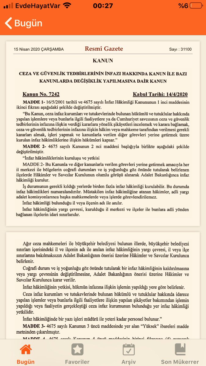 #İnfazDüzenlemesi’ni içeren Ceza ve Güvenlik Tedbirlerinin İnfazı ile Bazı Kanunlarda Değişiklik Yapılmasına Dair Kanun CUMHURBAŞKANIMIZ tarafından onaylandı ve Resmi Gazete’de yayımlandı. 
Hayırlı olsun.