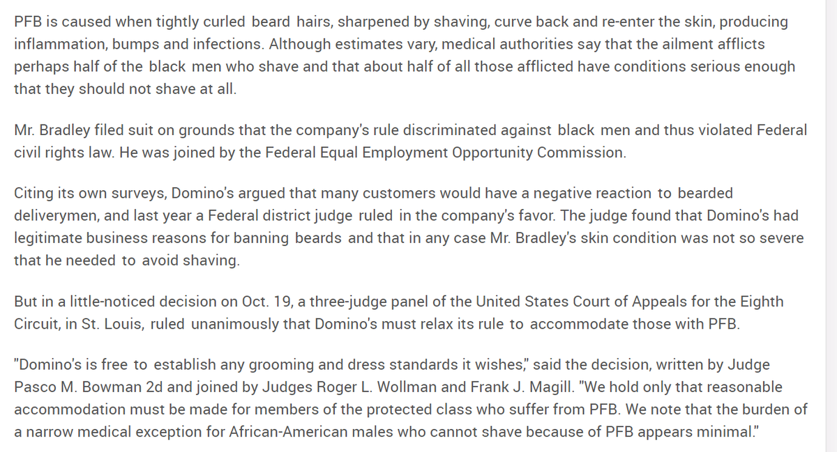 This discriminates against Black men who are more likely to have razor bumps that become inflamed (pseudofolliculitis barbae.) Here's a 93 case that Domino's Pizza lost about PFB