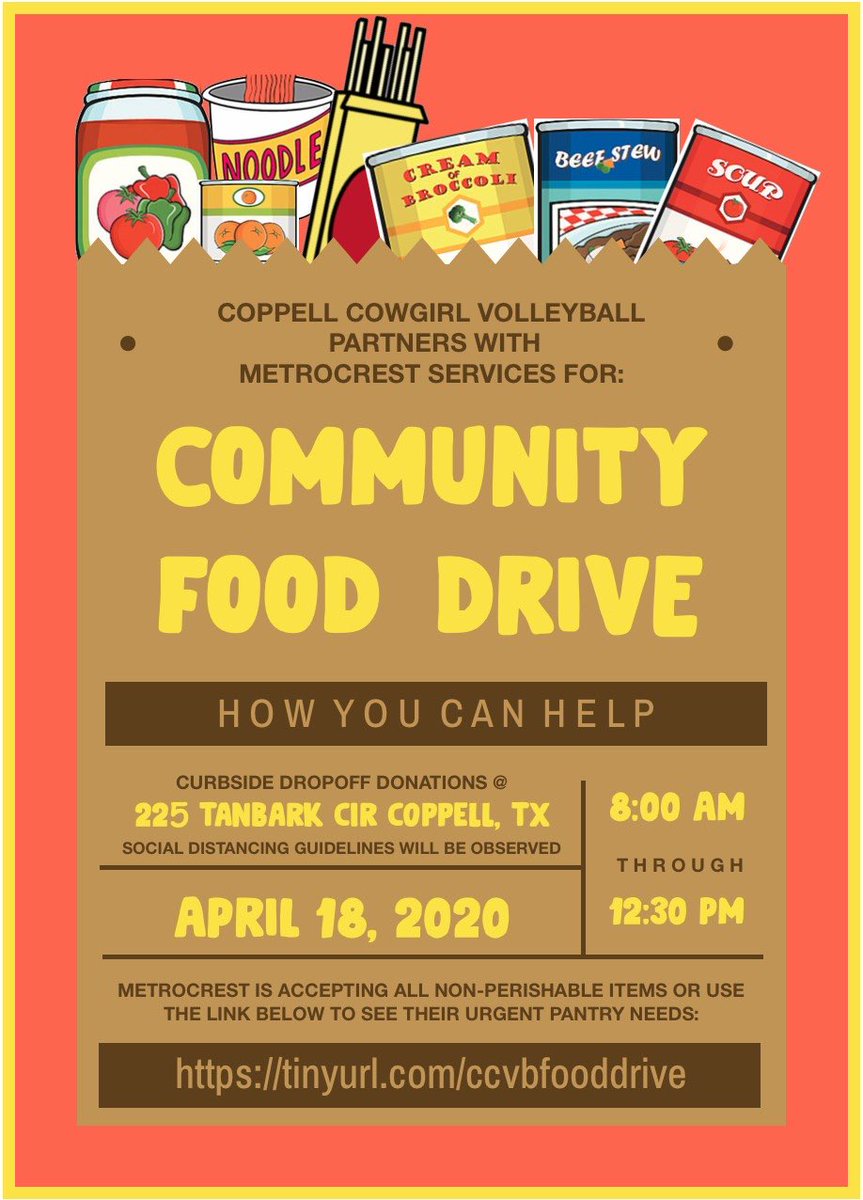 tairamari_'s tweet photo. Please help our program support Metrocrest Services by donating to the CCVB food drive this Saturday!!! @CowgirlVB #serveandreceive https://t.co/v0wPMe1lhH