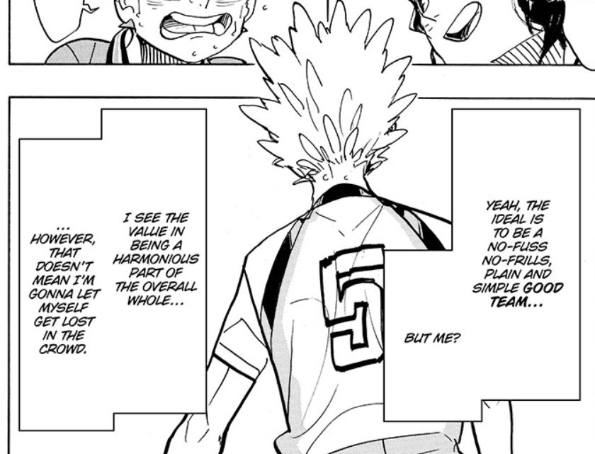 Another take on the "get lost in the crowd" Hinata/Hoshiumi parallel. When the phrase is used for Hinata, he's surrounded by his teammates and his playstyle is reflected as "strong w/ the support of his teammates." When it's Hoshiumi, he's talking about being strong "alone"