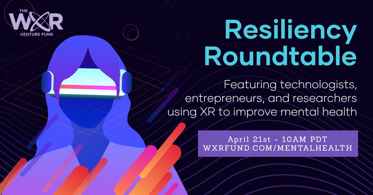 WXRfund's tweet image. Our next Resiliency Roundtable will focus on Mental Health strategies we can all use to promote personal &amp;amp; community wellness. Join us in @AltspaceVR on 4/21 at 10 am PDT to hear from @SarahMidMO @SkipRizzoVR @SarahTicho, Nina Salomons &amp;amp; Sharon Mozgai
wxrfund.com/mentalhealth