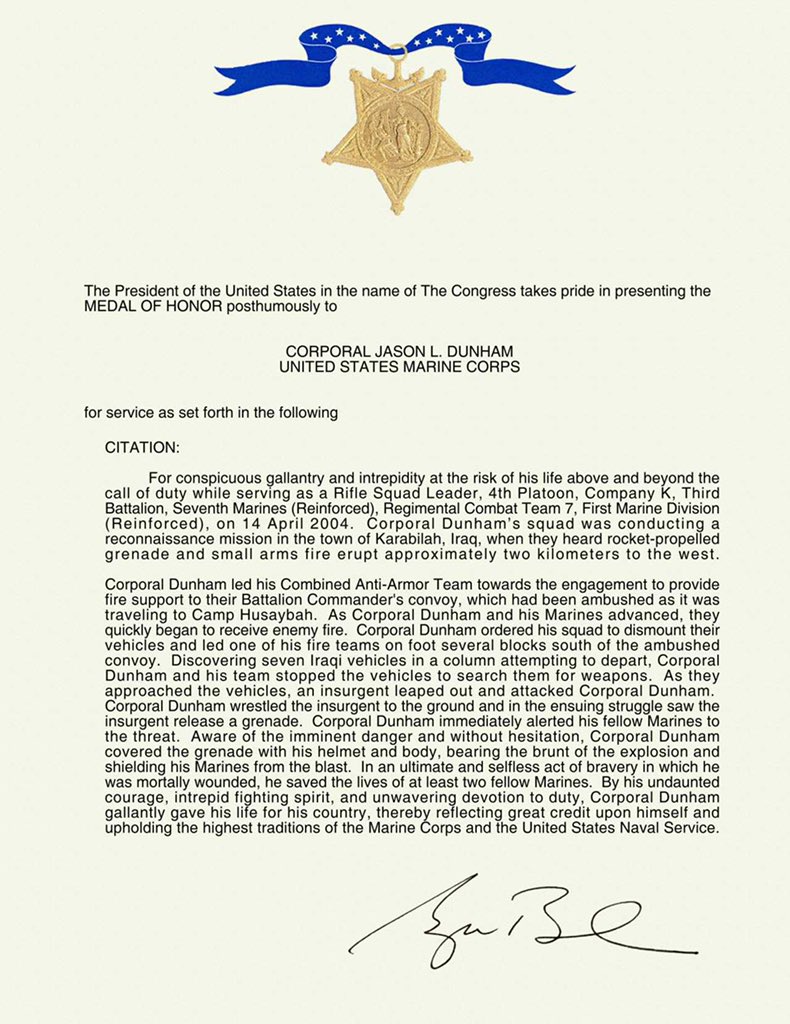 1st_Marine_Div's tweet image. Corporal Jason Dunham

Today, we take the opportunity to honor and remember Corporal Jason L. Dunham, whose actions 16 years ago, earned him the Medal of Honor while serving with 3rd Battalion, 7th Marine Regiment during the Iraq War. 

Semper Fidelis, Corporal Dunham.