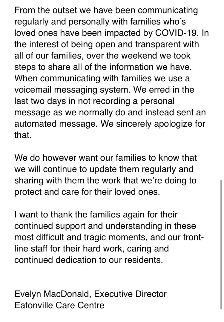 cmcdonaldglobal's tweet photo. In a statement sent to me a short time ago, #Eatonville Care Centre responds to accusations that they weren’t communicating with families. “From the outset we have been communicating regularly and personally with families who’s (sic) loved ones have been impacted by #COVID19” https://t.co/CUT6rjWwnf