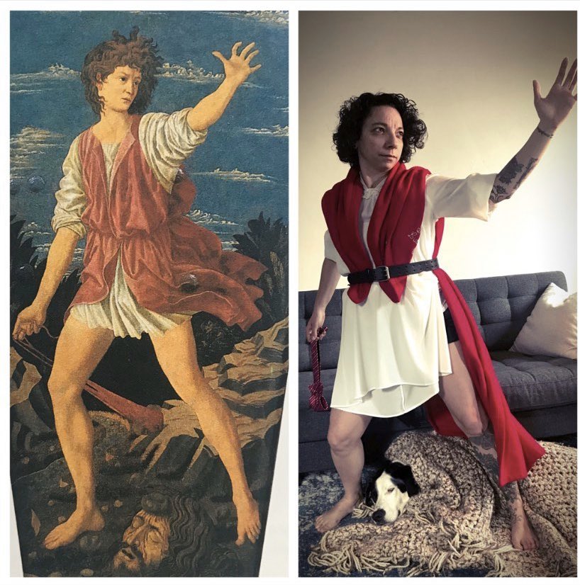 Dr. Ceberus W. Dog Wiley really embraced his role as Goliath with his pawrent  @thiscurlyarab in their recreation of Andrea del Castagno’s “David with the Head of Goliath” (c. 1450/1455).