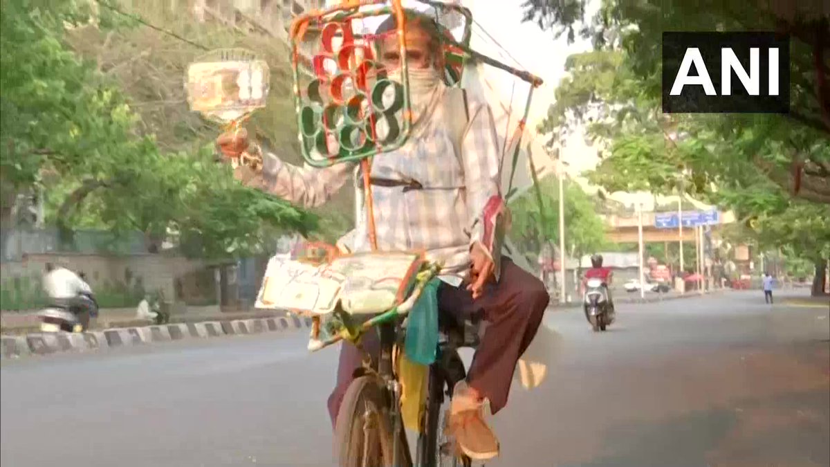 ANI's tweet photo. Telangana: Dinesh Gupta, a 47-year-old resident of Hyderabad cycles 20-30 km every day in the city to spread awareness about #COVID19. (14.4.2020) https://t.co/qWPHwEzE5J