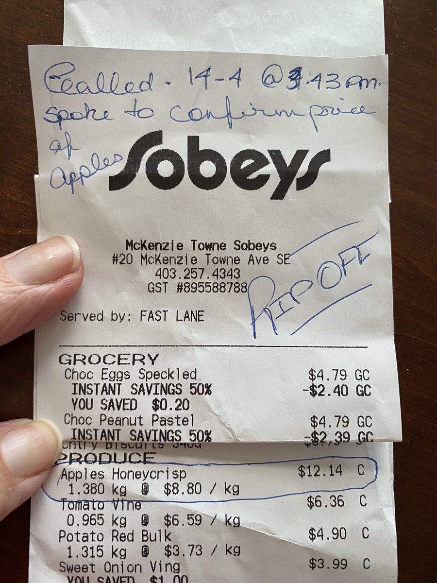 cblazer31's tweet photo. Are you F’ing kidding me. $12.14 for 6 Apples. This is ridiculous! Boycott this company until the adjust their prices to match the current economic state. @Sobeys https://t.co/h2kGhLDvru
