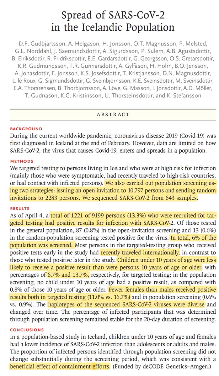 Lessons from Iceland, a model country for  #COVID19 containment, from extensive population testing and virus sequencing https://www.nejm.org/doi/full/10.1056/NEJMoa2006100?query=featured_home  @NEJM