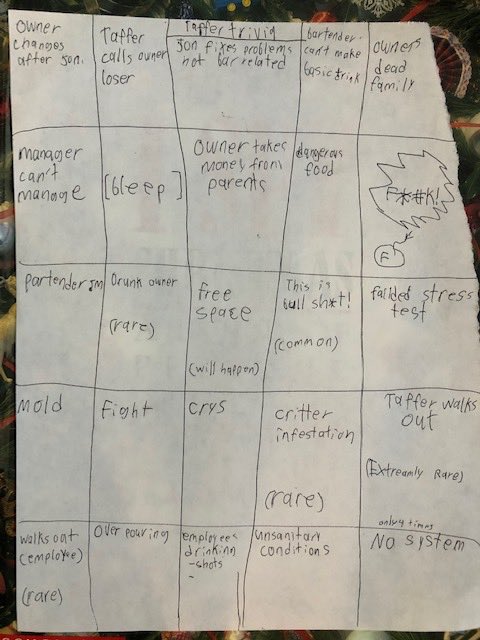 kravchica1's tweet photo. @jontaffer @BarRescue My 13yo and I love your show and made a Bar Rescue bingo board today! It only took us 1 1/2 episodes to get bingo ๐๐ #taffertalk #quarantinelife #qualityparenting https://t.co/wx5H4V4yRx