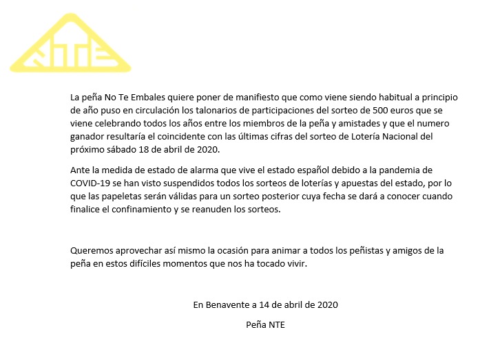 NoTeEmbales's tweet photo. Nota de prensa de la NTE, en relación a las rifas,cuyo sorteo era el sábado 18 de abril. https://t.co/fBcrj644bo