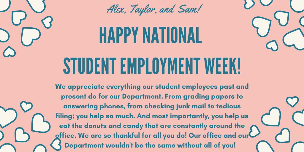 It's #NationalStudentEmploymentWeek! We want to give a shout-out to Alex, Taylor, Sam, and all our other student staff past and present. Thank you for all you do! We love and miss you! (We were going to post bad pics of them but that's rude so we made a graphic instead.😏) #SFSU