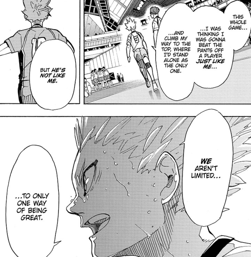 Hoshiumi, just like us started the match thinking this was going to just be him and Hinata duking it out to see who the next Little Giant is. But no, the Kamomedai match is actually another Battle of the Concepts. A battle between two different player philosophies.