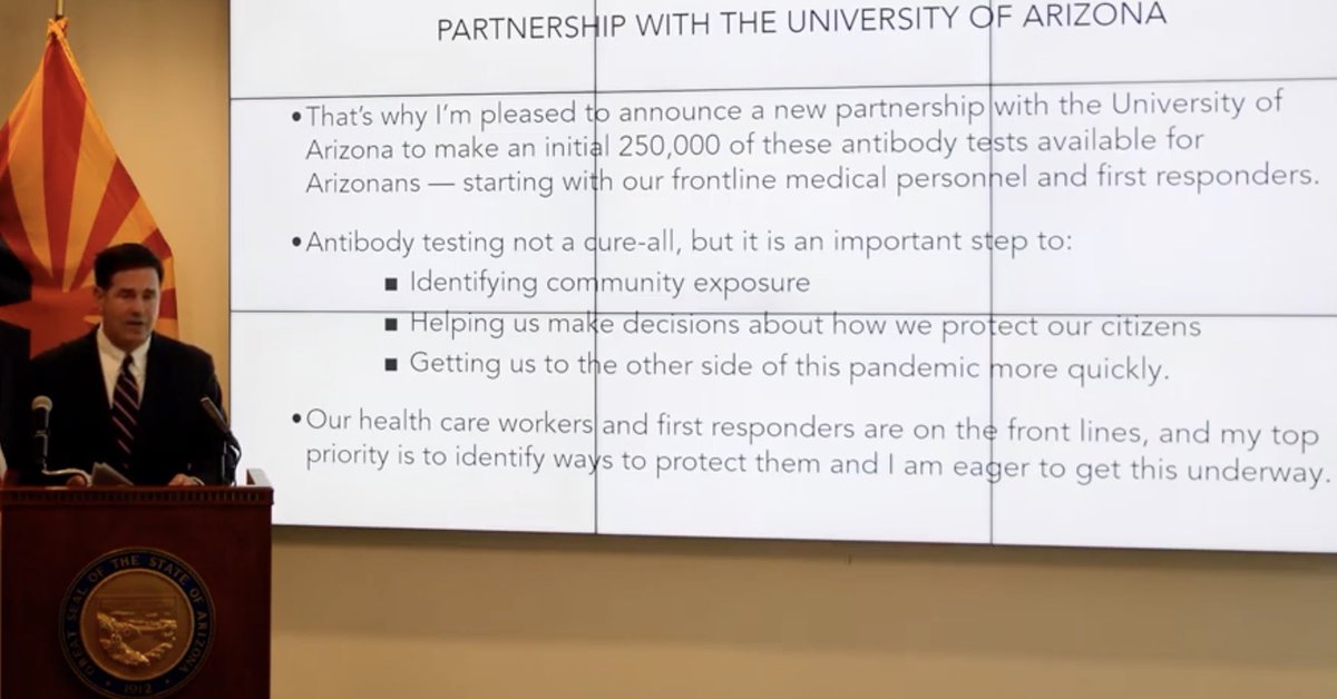 Gov Ducey &amp; UArizona President Robbins announce partnership to begin COVID antibody testing for 250,000 Arizona first responders and health workers