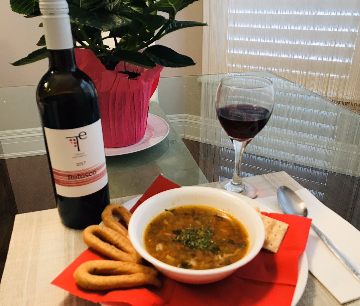 Terra Estate Winery 2017 Refosco paired beautifully with homemade ginger bean soup. Great after a cold day in the vineyard. <a href="/TerraEstateWine/">Terra Estate Winery</a> is the only vineyard growing and producing this north east Italian variety. Stsy tuned for more on this great full bodied red!