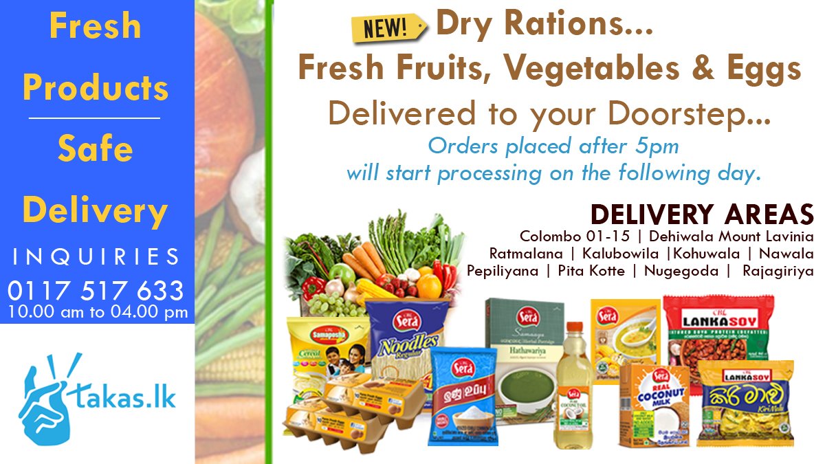TakasSriLanka's tweet photo. Follow the link and place your orders for friends and family...
We Deliver CBL Food Essential products to your doorstep now.... Click 👉👉👉 https://t.co/Vb4eiw4pwa

#Samaposha #lankasoy #Sera #DryRatons #lockdown #groceries #Noodles #SoyaMeat #Soup #Kunjee #Oil #CoconutMilk https://t.co/jy2k2BFpFm