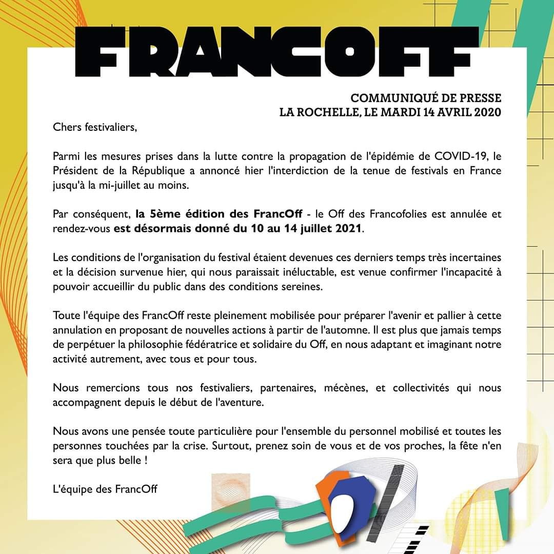 Comme nous le pressentions, la 5e édition des FrancOff - le Off des Les Francofolies de La Rochelle n'aura pas lieue.
Prenez bien soin de vous, de vos proches, des uns et des autres pour ainsi dire, en attendant des jours meilleurs 💛 #francoff2021 #staysafe #ForceForGood