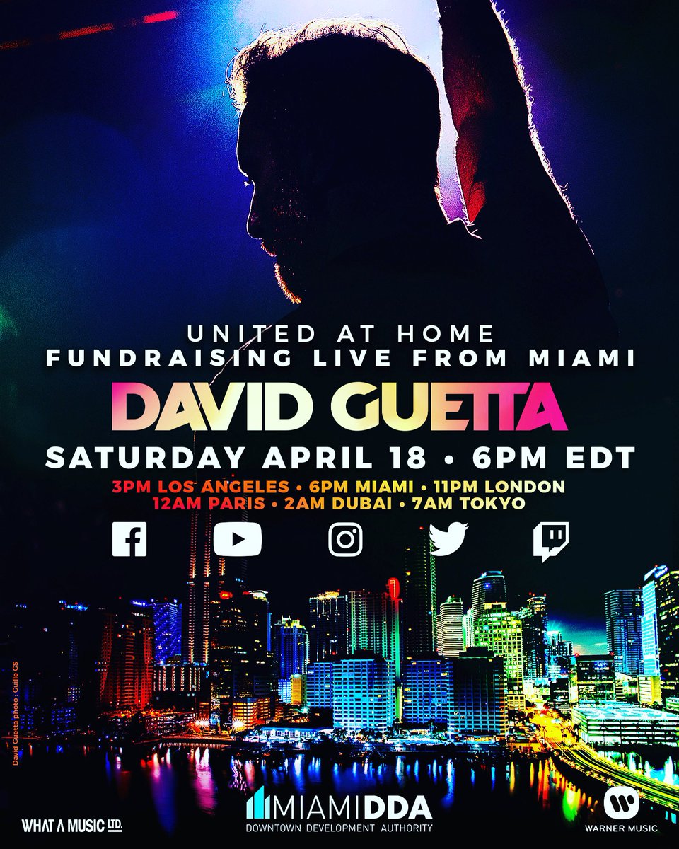 Miami, are you ready? We’re partnering with <a href="/DavidGuetta/">David Guetta</a> to host an unforgettable DJ set, livestreamed from our backyard. Funds raised during #UnitedAtHome will support <a href="/FeedingSouthFL/">Feeding South Florida®</a> #Covid19 relief efforts. Tune in to our IG on 4/18 at 6pm. Donate: davidguetta.com/donate/