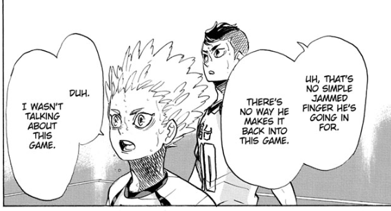Anyways, I can't wait to see how the current match resolves that storyline. Because Hinata exists, Hoshiumi is free from the burden of being the only one to prove the strength of a short player, and that other short players inspired by them have freedom in how they play