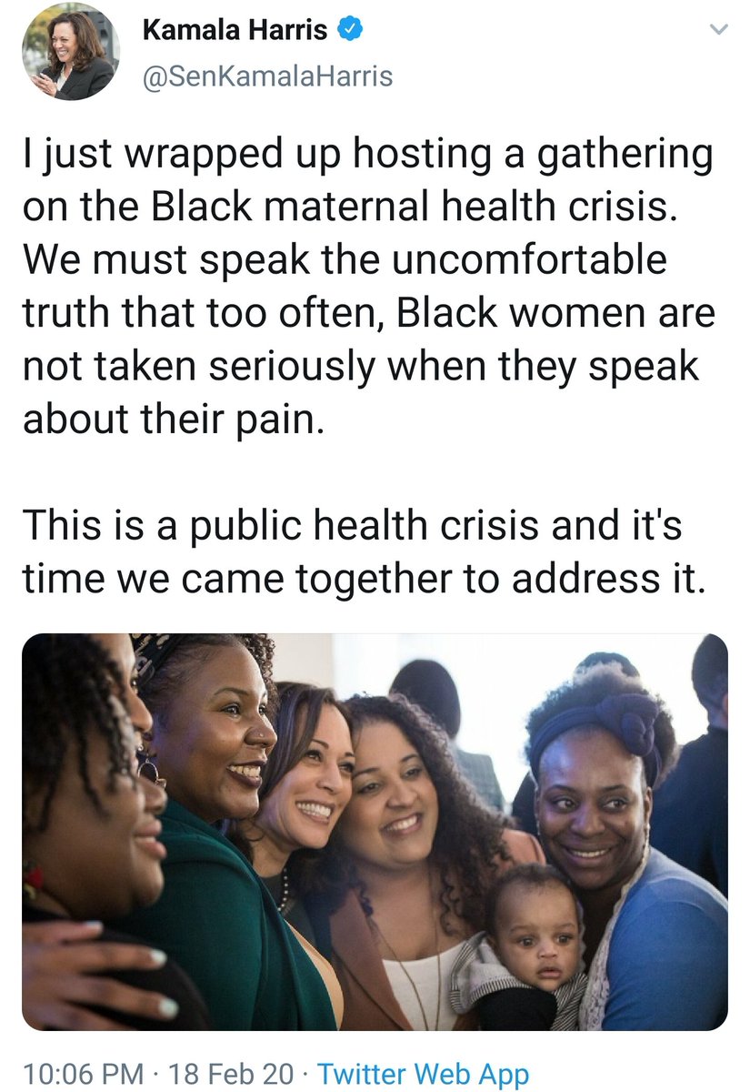 Sen  #KamalaHarris convened a Black Maternal Health Roundtable with CA's 1st Surgeon General Dr. Nadine Burke Harris. In addition to her Maternal CARE Act, Harris has an economic justice platform (LIFT Act, Rent Relief, etc) to tackle economic stressors.  #BlackMaternalHealthWeek