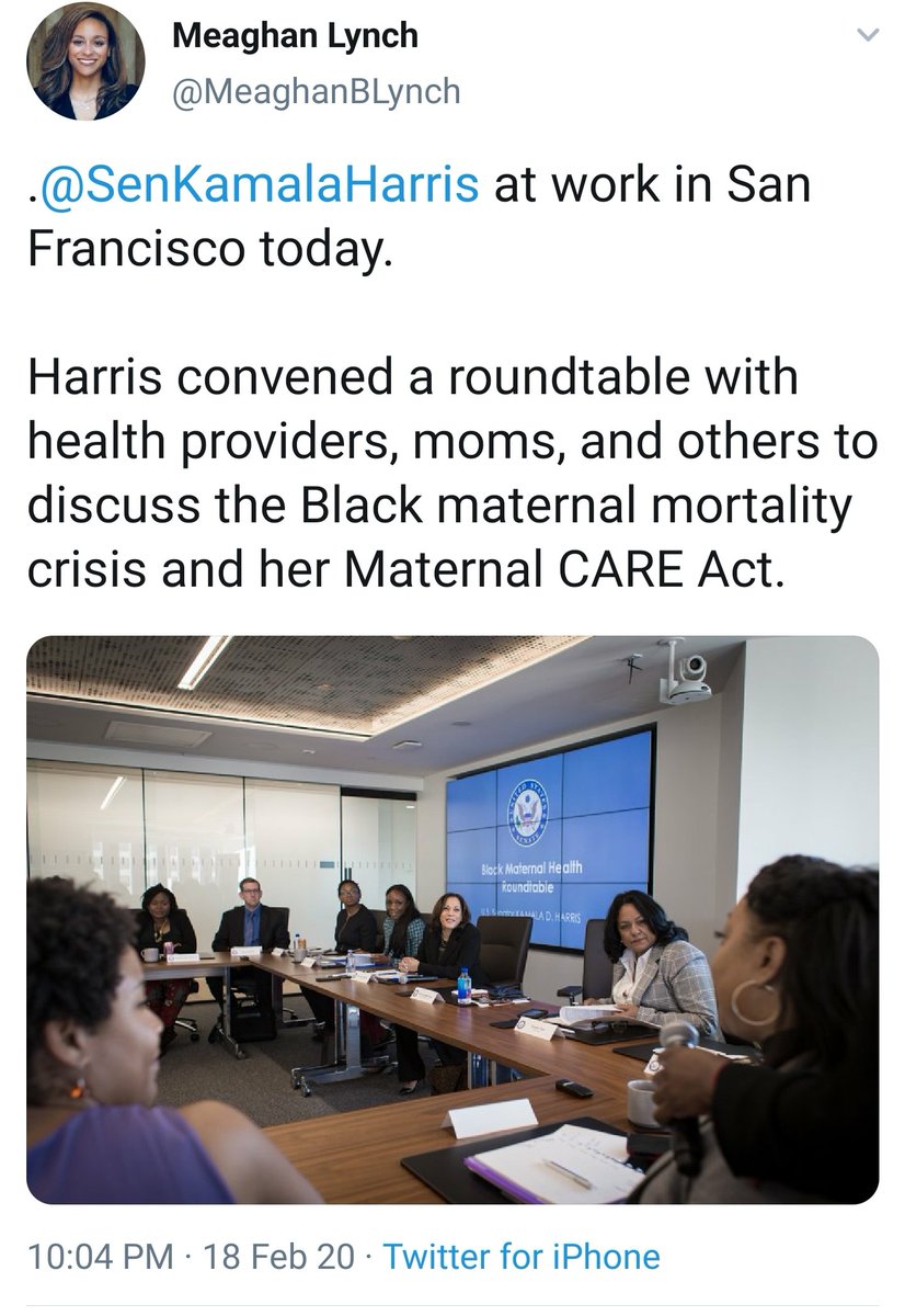 Sen  #KamalaHarris convened a Black Maternal Health Roundtable with CA's 1st Surgeon General Dr. Nadine Burke Harris. In addition to her Maternal CARE Act, Harris has an economic justice platform (LIFT Act, Rent Relief, etc) to tackle economic stressors.  #BlackMaternalHealthWeek
