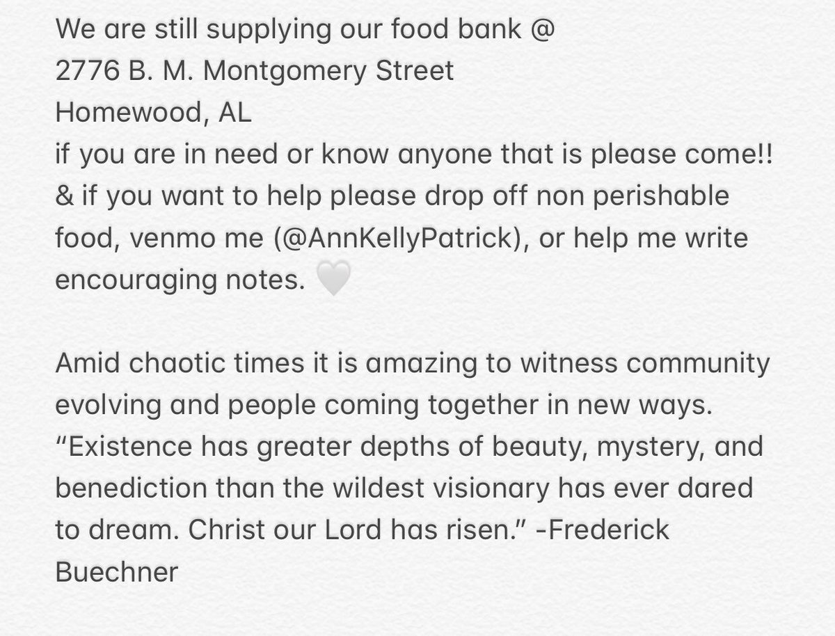 AnnKellyPatrick's tweet photo. THANK YOU to everyone who venmoed—  we got to give out Easter meals! We are still supplying our food bank. If you are in need or know anyone that is please come! &amp; if you want to help please donate items, venmo me (@AnnKellyPatrick), or help me write encouraging notes. 🤍 https://t.co/7kkhtr0NH6