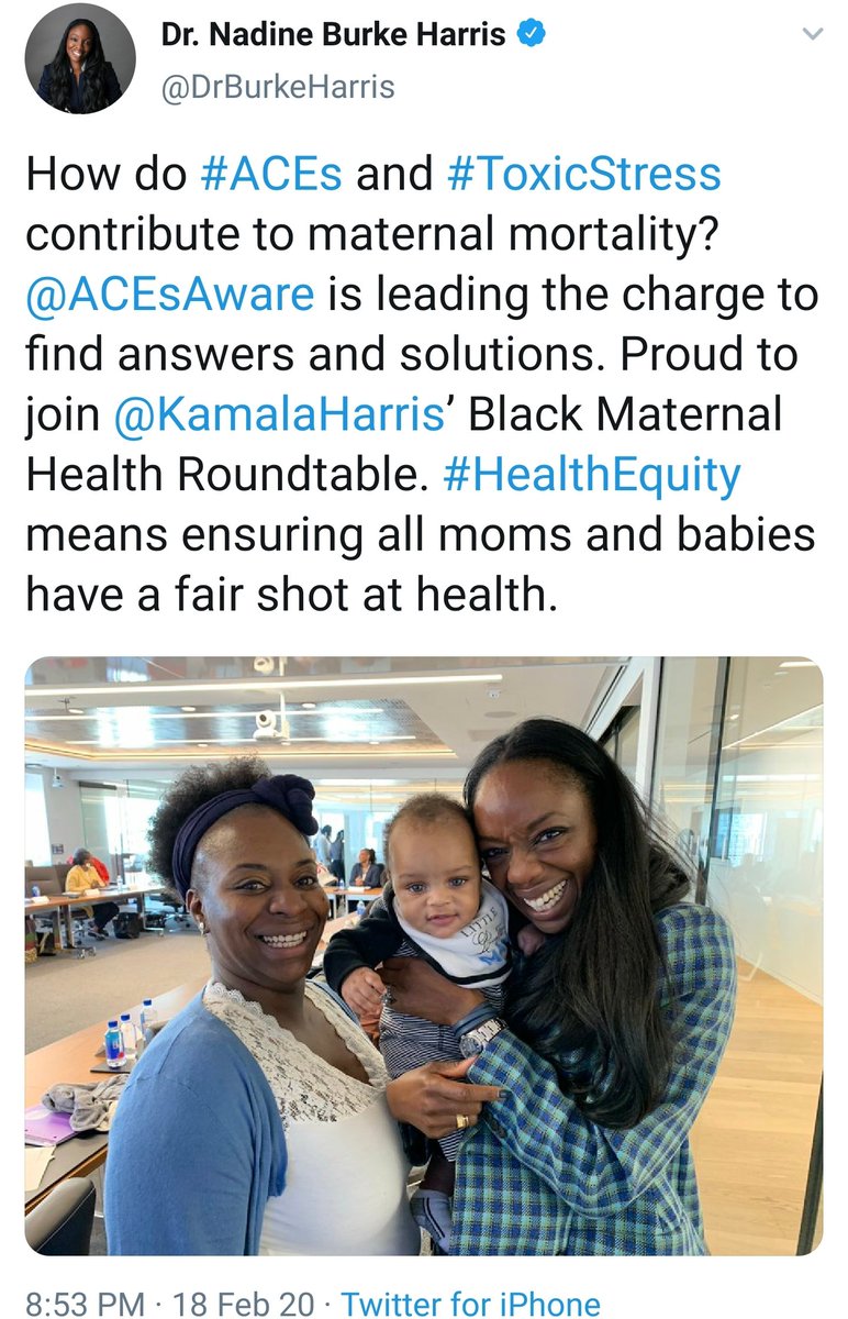 Sen  #KamalaHarris convened a Black Maternal Health Roundtable with CA's 1st Surgeon General Dr. Nadine Burke Harris. In addition to her Maternal CARE Act, Harris has an economic justice platform (LIFT Act, Rent Relief, etc) to tackle economic stressors.  #BlackMaternalHealthWeek