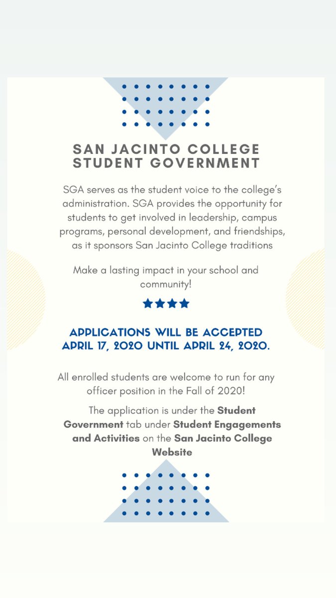Hi everyone! We hope your day is going great! We just wanted to inform any student interested in our SGA elections! YAY!  Our elections will be held as stated in the flyer from this Friday, the 17th, till next Friday, the 24th! More information will be found on the SJCC website😁