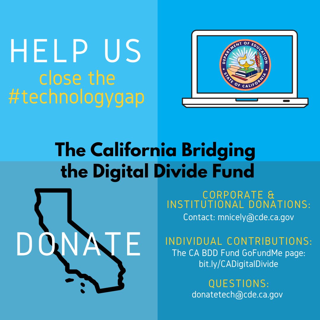 CDEfoundation's tweet image. The Foundation in partnership with @CADeptEd launched our California #BridgingtheDigitalDivide Fund! Please consider donating &amp;amp; spreading the word. Devices &amp;amp; hotspots needed to close the tech gap for our students across the State! bit.ly/CADigitalDivide. #edresources #edchat