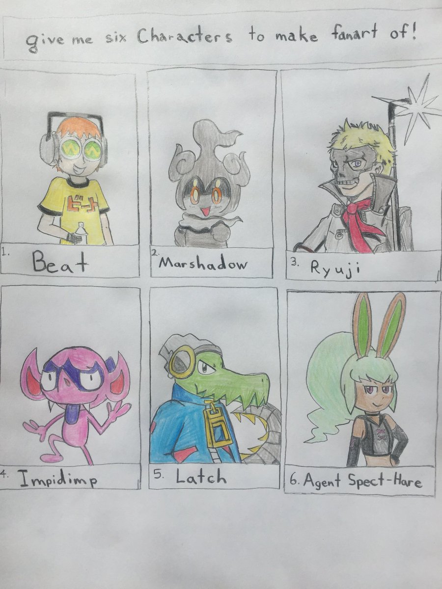 bumpernyan's tweet photo. One of my friends on Instagram, have choose the names of six characters for me to draw.
1.Beat 2.Marshadow 3.Ryuji 4.Impidimp 5.Latch 6.Agent Spect-Hare #sixcharactersfanart #jetsetradio #Pokemon #Persona5 #YokaiWatch #LethalLeagueBlaze #agentspecthare https://t.co/yWvZt66QNf