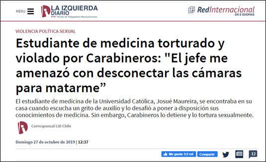 tbowman3076's tweet photo. (13)
TONGO Estudiante de Medicina Violado

El 22 de Octubre un estudiante de Medicina Josue Maureira indicó que carabineros lo había violado y torturado

6 carabineros fueron formalizados

El 6-enero se comprueba que la denuncia era falsa y se deja en libertad a los carabineros https://t.co/UxkqgjOGUT