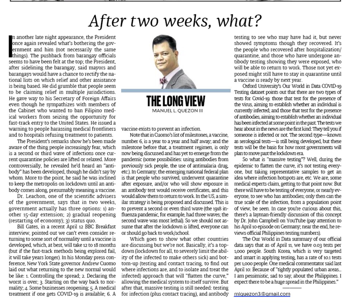 My column today looks at what's continuing to bother government during  #LuzonLockdown and asks whether after the lockdown ends, the government has a  #COVID19PH plan along the lines of other countries, and what those plans entail.