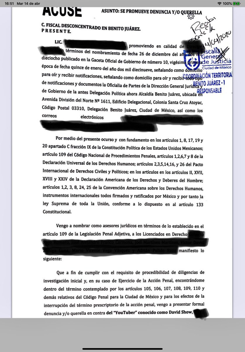 Se presenta querella ante la Fiscalía Desconcentrada en #BenitoJuárez contra @SoyDavidShow por el posible delito de peligro de contagio, establecido en el artículo 159 del código penal del fuero común.