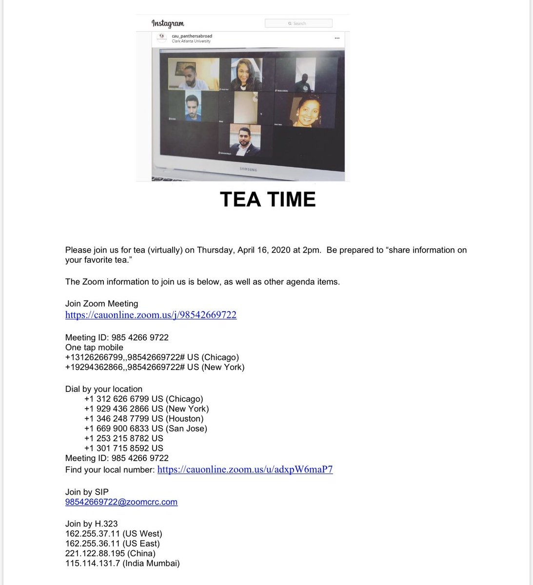 panthersabroad's tweet photo. 🗣Attention all CAU International Students, be prepared to share your TEA ☕️ with The Office of International Programs! Join us during our annual Zoom Session!🗣
It’s TEA Time !
Thursday, April 16, 2020!
🌎🟥⬛️🌎 https://t.co/dE89fdkanw