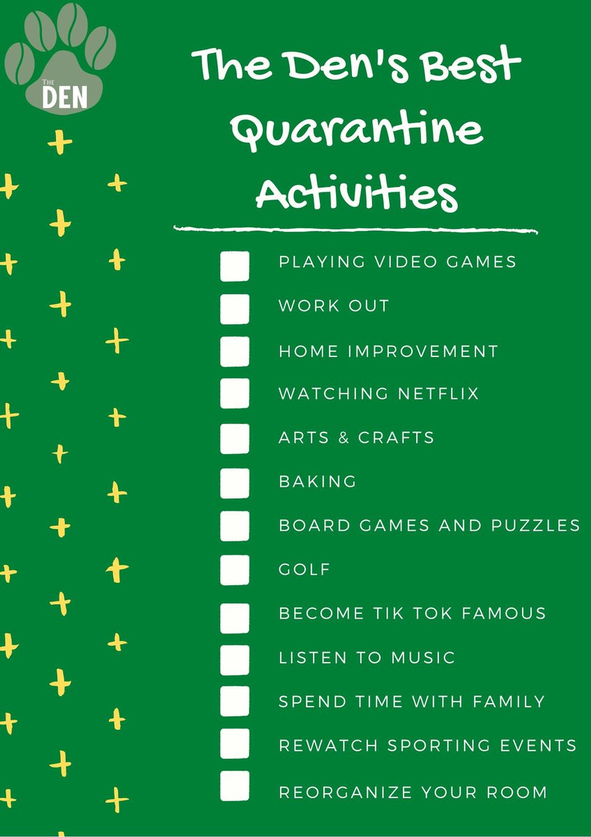 Hey Bobcats, looking for something to do during quarantine. Here is our list of best 🦠Quarantine🦠 Activities.