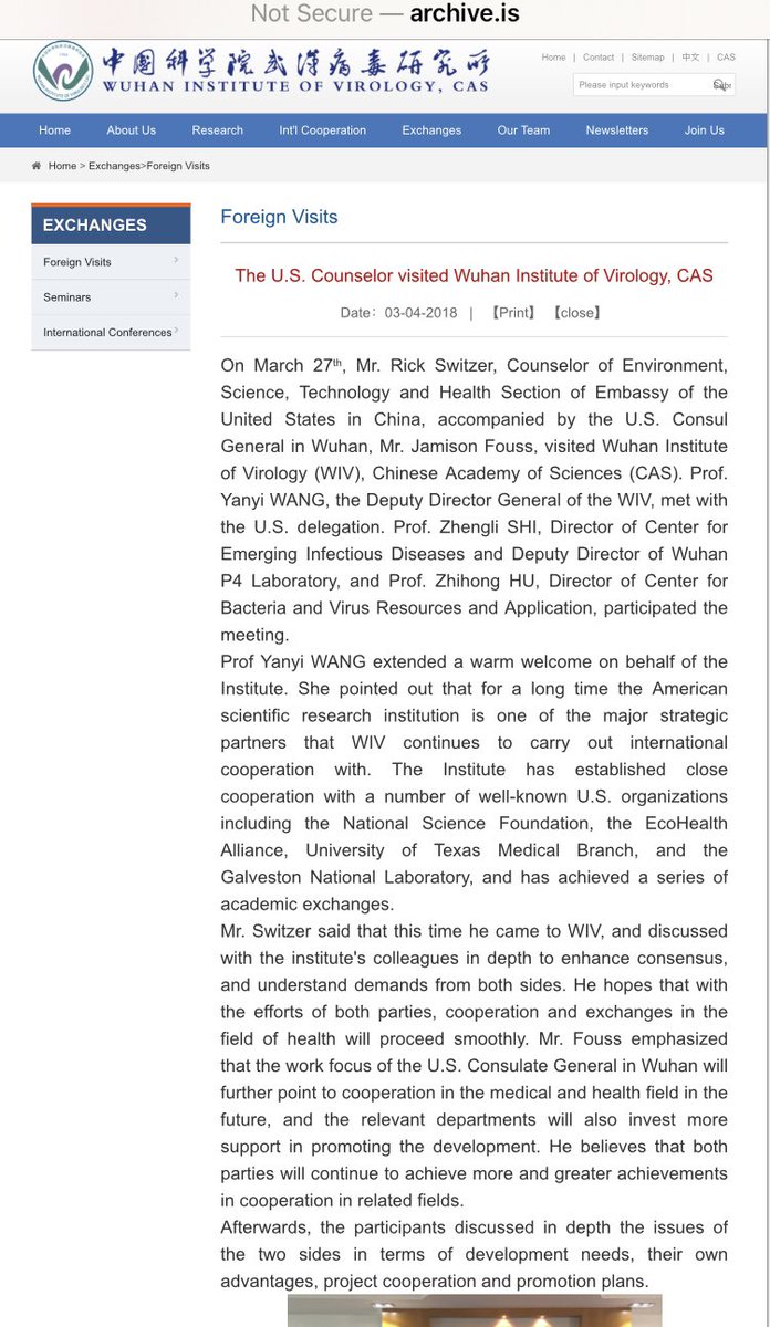 Archived press release from Wuhan Institute of Virology (WIV) on March 27, 2018. Showing a meeting with a US delegation where it states that the US is one of it’s major strategic partners as well as the close cooperation with several US organizations  http://archive.is/hI5Ts 