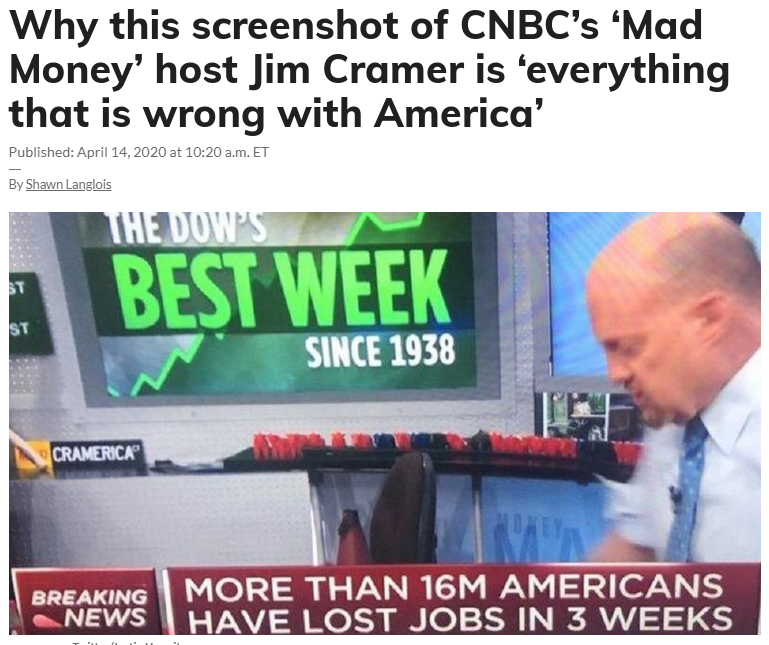This image has caused severe outrage. How is it possible for stocks to soar and have their best week since 1938 while common people suffer and fundamentals worsen?The answer is simple.The outrage stems from misunderstanding the link between the economy and financial markets.