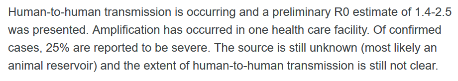 That was 14 January.On 23 January, they published an official report that made clear that:- Human-to-human transmission was occurring- Transmissibility higher than seasonal flu- Fatality rate ~40x seasonal flu- 25% of cases severe https://www.who.int/news-room/detail/23-01-2020-statement-on-the-meeting-of-the-international-health-regulations-(2005)-emergency-committee-regarding-the-outbreak-of-novel-coronavirus-(2019-ncov)