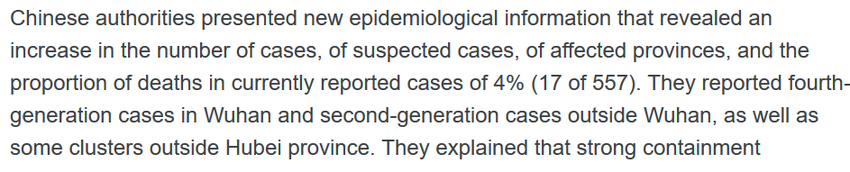 That was 14 January.On 23 January, they published an official report that made clear that:- Human-to-human transmission was occurring- Transmissibility higher than seasonal flu- Fatality rate ~40x seasonal flu- 25% of cases severe https://www.who.int/news-room/detail/23-01-2020-statement-on-the-meeting-of-the-international-health-regulations-(2005)-emergency-committee-regarding-the-outbreak-of-novel-coronavirus-(2019-ncov)