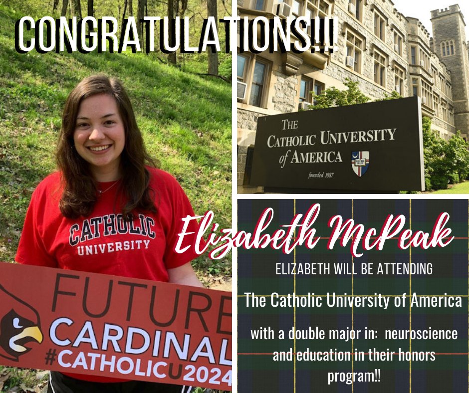 StCeciliaAca's tweet photo. Congratulations to Elizabeth McPeak! She will be attending  @CatholicUniv in the fall, where she will double major in neuroscience and education in the honors program!  #seniorshoutout https://t.co/AcP1uyB0rB #Classof2020 #ThisIsCatholicU https://t.co/Xtb6jIJJmj