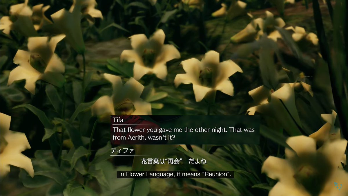 It's also pointed out twice by Tifa in the same chapter. She highlights that Aerith gave that flower to Cloud, and reminds both Cloud & the viewer of its meaning. Reunion.Because it now serves as the symbol of Cloud going to rescue Aerith and reuniting with her again.