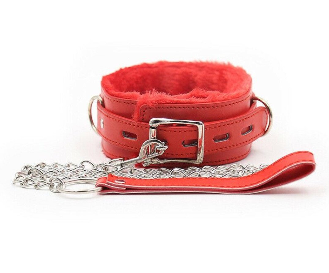 "But for now, we just don't have the time," he continues softly, pulling the top off of the box to reveal a beautiful red collar, the inside lined with fur, attached to a silver chain with an equally red handle.