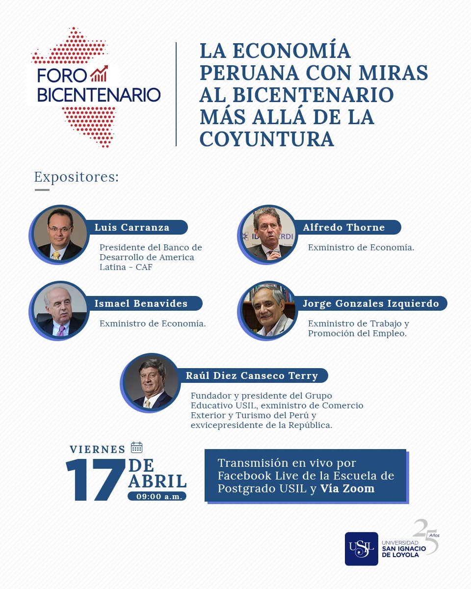 Viernes 17, 9 a.m. Destacados economistas se conectan a Webinar #USIL para debatir sobre la economía peruana del Bicentenario más allá de  la pandemia que remece al mundo. Participa inscribiéndote aquí:  bit.ly/2xsKZ4r

#ForoBicentenarioUsil #Economia #Zoomate