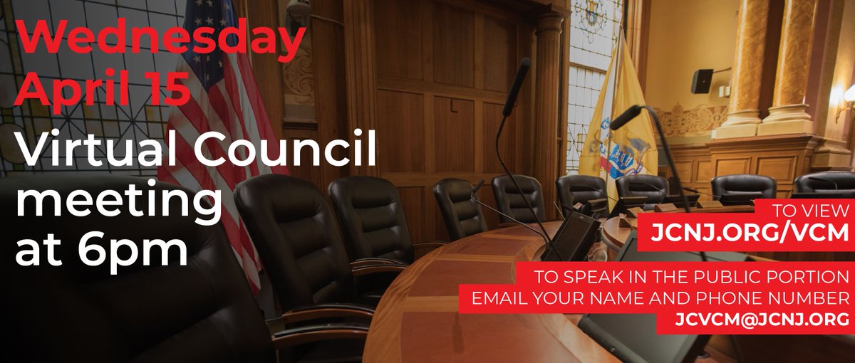 JerseyCity's tweet photo. Tomorrow, Wednesday 4/15: Virtual Council meeting at 6pm. 
To view live, visit:  https://t.co/jPN0dA7Pzl
Residents can email their names and numbers to JCVCM@jcnj.org to be considered for public speaking.

#JCresonds #LocalGov #InThisTogether https://t.co/ru0j0zWv4r