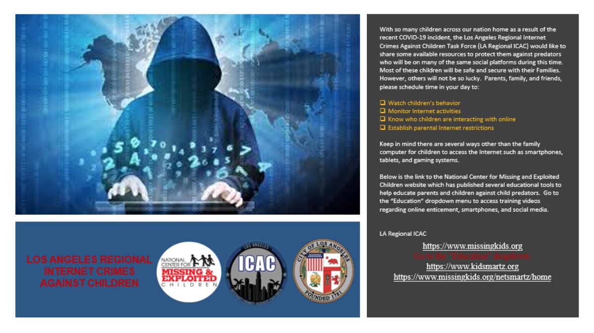 We know kids are home &amp; online - so do child predators. Take these four steps to help keep them safe:

1. Watch children's behavior
2. Monitor internet activities
3. Know who children are interacting with online
4. Establish parental internet restrictions

missingkids.org/netsmartz/home