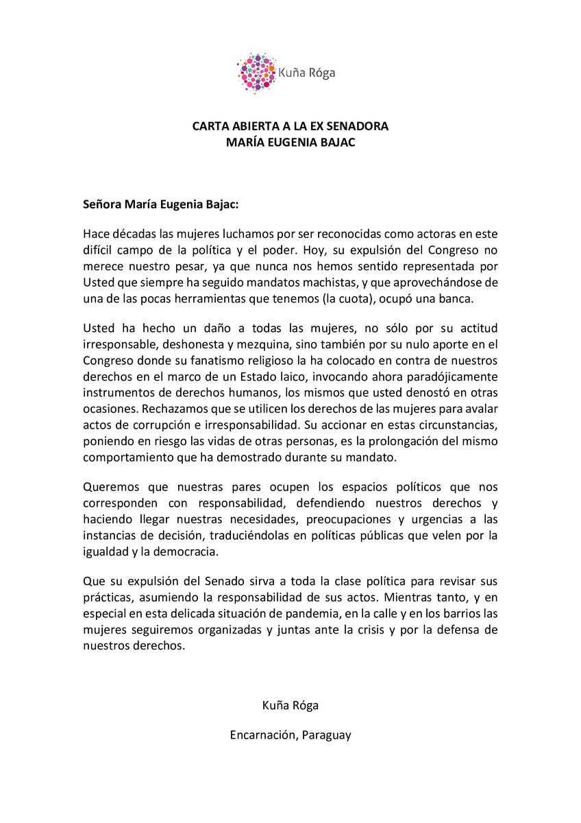 sumamosderechos's tweet photo. La ex senadora María Eugenia Bajac ha dañado a todas las mujeres con su actitud irresponsable y deshonesta. Desde Kuña Róga nos dirigimos abiertamente a ella y esperamos que otras personas y organizaciones de la sociedad civil puedan sumar sus voces a este posicionamiento. https://t.co/ATIBOUggq2